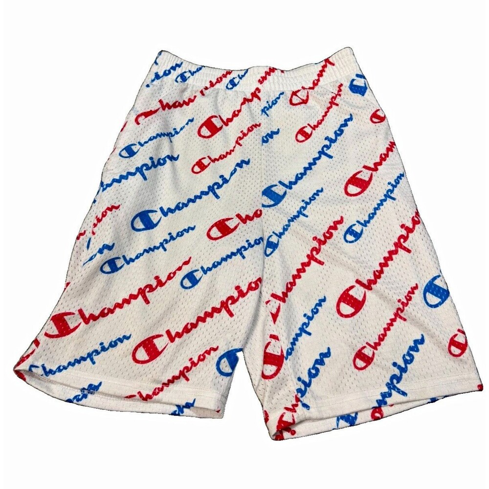 Champion Men’s L Athletic Mesh Shorts White/Red/Blue Polyester Logo Drawstring